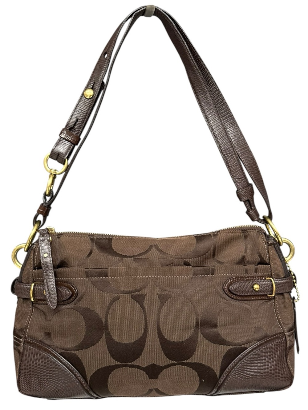 Coach Brown Signature Jacquard East West Shoulder Bag Purple Satin Lining 2012
